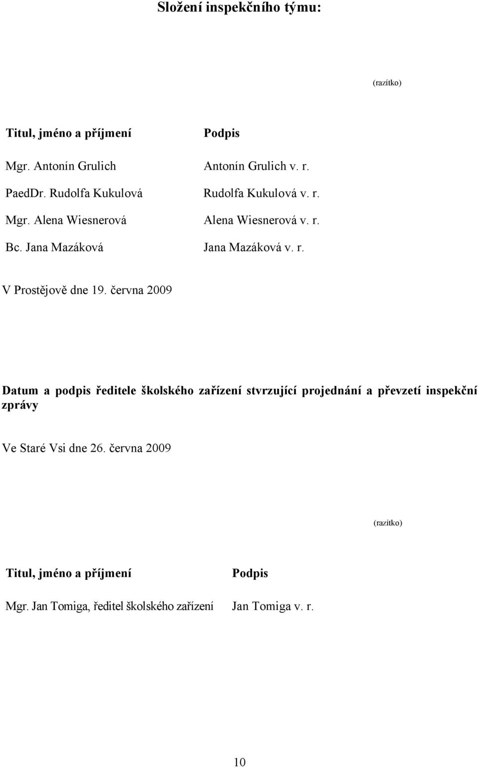 června 2009 Datum a podpis ředitele školského zařízení stvrzující projednání a převzetí inspekční zprávy Ve Staré Vsi dne 26.