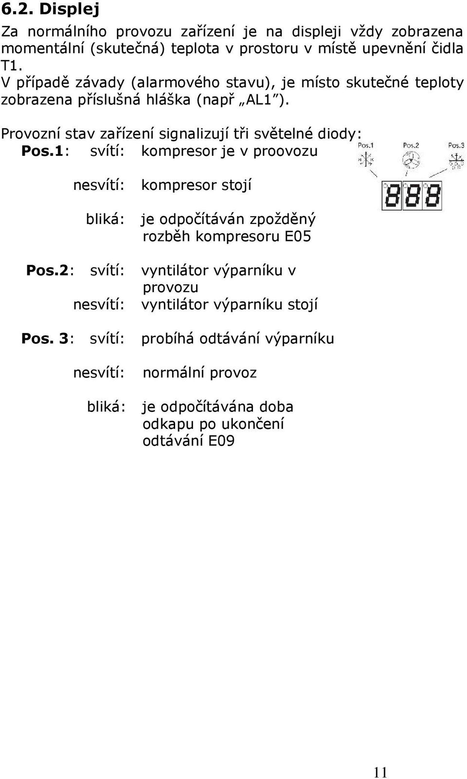 Provozní stav zařízení signalizují tři světelné diody: Pos.1: svítí: kompresor je v proovozu nesvítí: bliká: Pos.2: svítí: nesvítí: Pos.