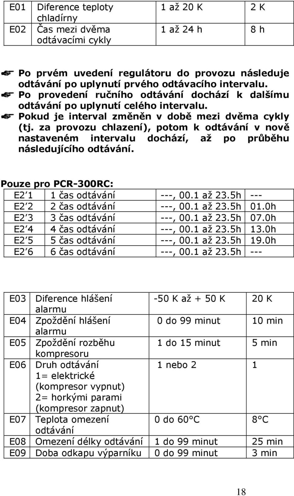 za provozu chlazení), potom k odtávání v nově nastaveném intervalu dochází, až po průběhu následujícího odtávání. Pouze pro PCR-300RC: E2 1 1 čas odtávání ---, 00.1 až 23.