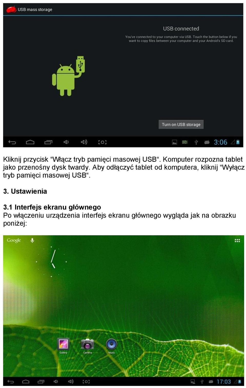 Aby odłączyć tablet od komputera, kliknij Wyłącz tryb pamięci masowej USB.