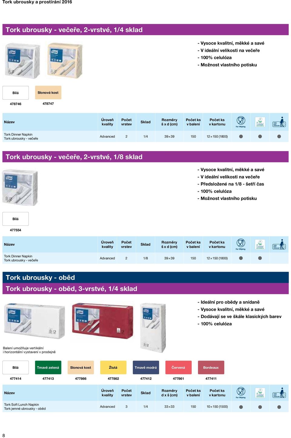 - večeře Advanced 2 1/8 39 39 150 12 150 (1800) Tork ubrousky - oběd Tork ubrousky - oběd, 3-vrstvé, --Ideální pro obědy a snídaně --Vysoce kvalitní, měkké a savé --Dodávají se ve škále klasických