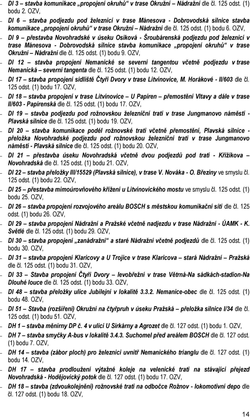 OZV, DI 9 přestavba Novohradské v úseku Osiková - Šroubárenská podjezdu pod železnicí v trase Mánesova - Dobrovodská silnice stavba komunikace propojení okruhů v trase Okružní Nádražní dle čl.