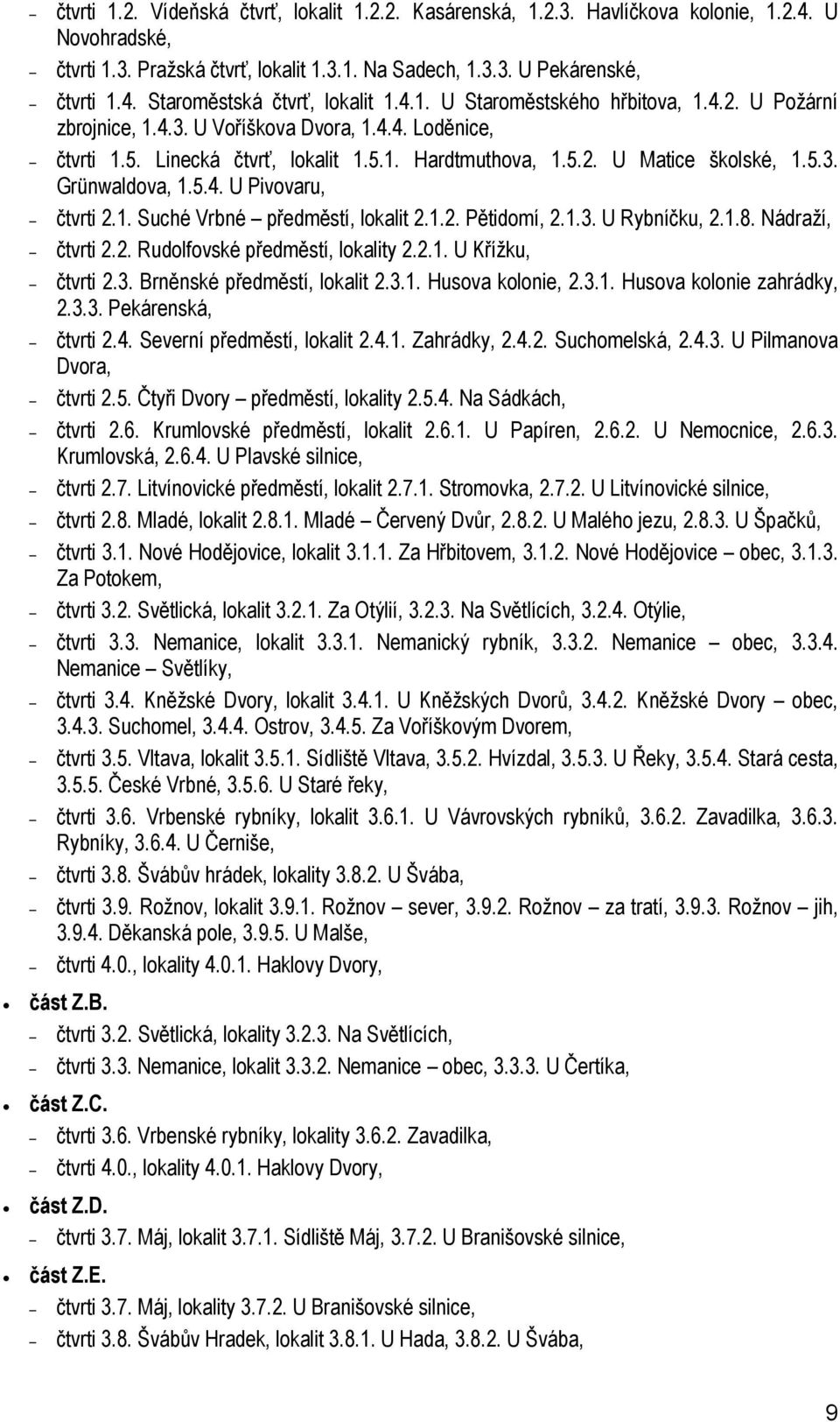 5.4. U Pivovaru, čtvrti 2.1. Suché Vrbné předměstí, lokalit 2.1.2. Pětidomí, 2.1.3. U Rybníčku, 2.1.8. Nádraží, čtvrti 2.2. Rudolfovské předměstí, lokality 2.2.1. U Křížku, čtvrti 2.3. Brněnské předměstí, lokalit 2.