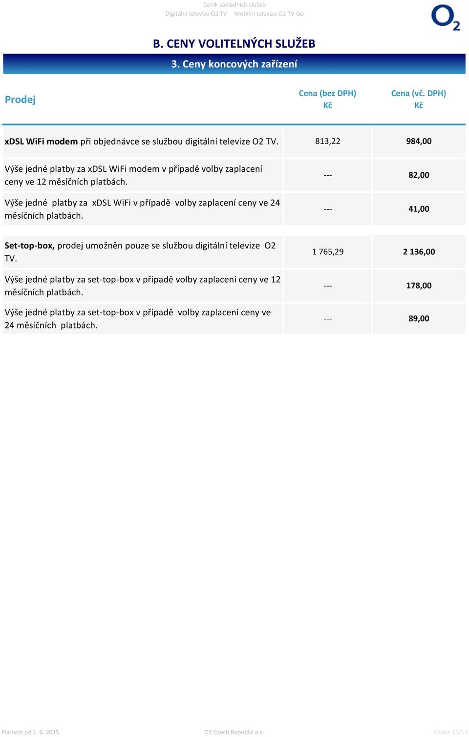 Výše jedné platby za xdsl WiFi v případě volby zaplacení ceny ve 24 měsíčních platbách.