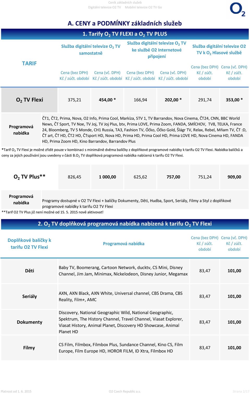 období Služba digitální televize O2 TV k O 2 Hlasové službě Kč / zúčt. období Kč / zúčt.