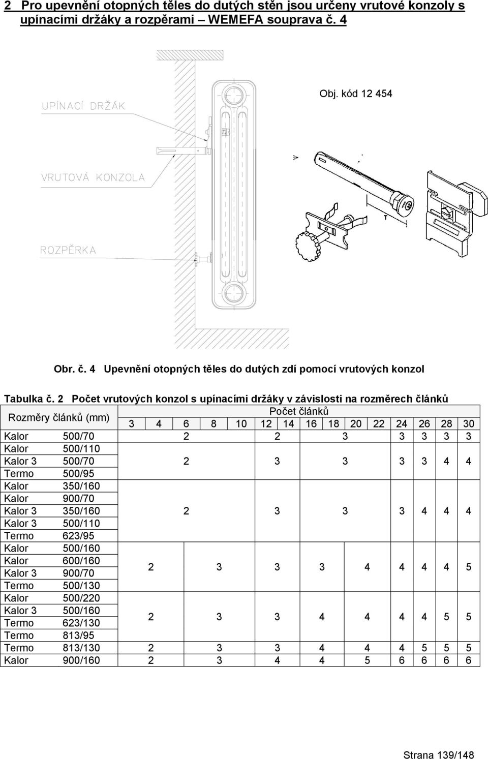2 Počet vrutových konzol s upínacími držáky v závislosti na rozměrech článků Kalor 500/70 2 2 3 3 3 3 3 Kalor 500/110 Kalor 3 500/70 2 3 3 3 3 4 4 Termo 500/95 Kalor 350/160