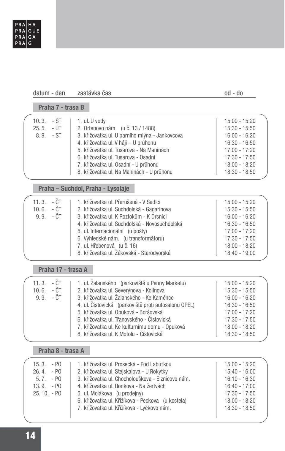 křižovatka ul. Suchdolská - Gagarinova 3. křižovatka ul. K Roztokům - K Drsnici 4. křižovatka ul. Suchdolská - Novosuchdolská 5. ul. Internacionální (u pošty) 6. Výhledské nám. (u transformátoru) 7.