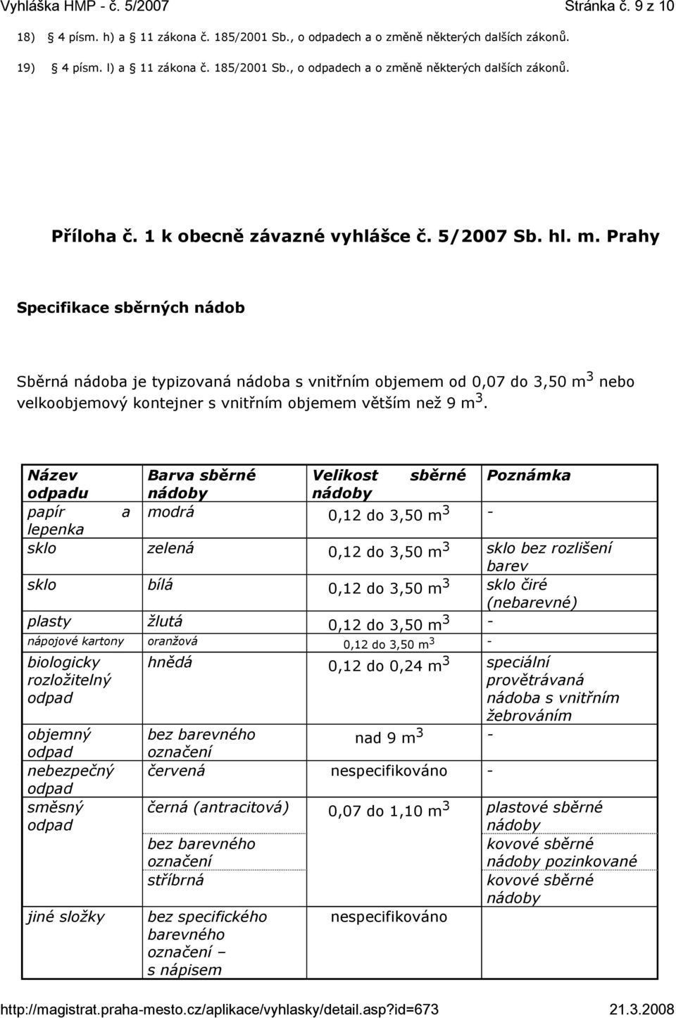 Prahy Specifikace sběrných nádob Sběrná nádoba je typizovaná nádoba s vnitřním objemem od 0,07 do 3,50 m 3 nebo velkoobjemový kontejner s vnitřním objemem větším než 9 m 3.