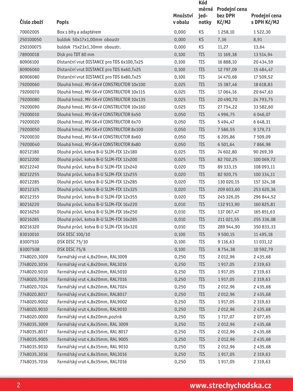 TDS 6x60,Tx25 0,100 TIS 12 797,09 15 484,47 80906080 Distanční vrut DISTANCE pro TDS 6x80,Tx25 0,100 TIS 14 470,68 17 509,52 79200060 Dlouhá hmož.