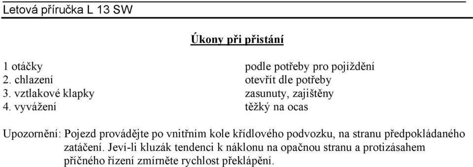 vyvážení těžký na ocas Upozornění: Pojezd provádějte po vnitřním kole křídlového podvozku,