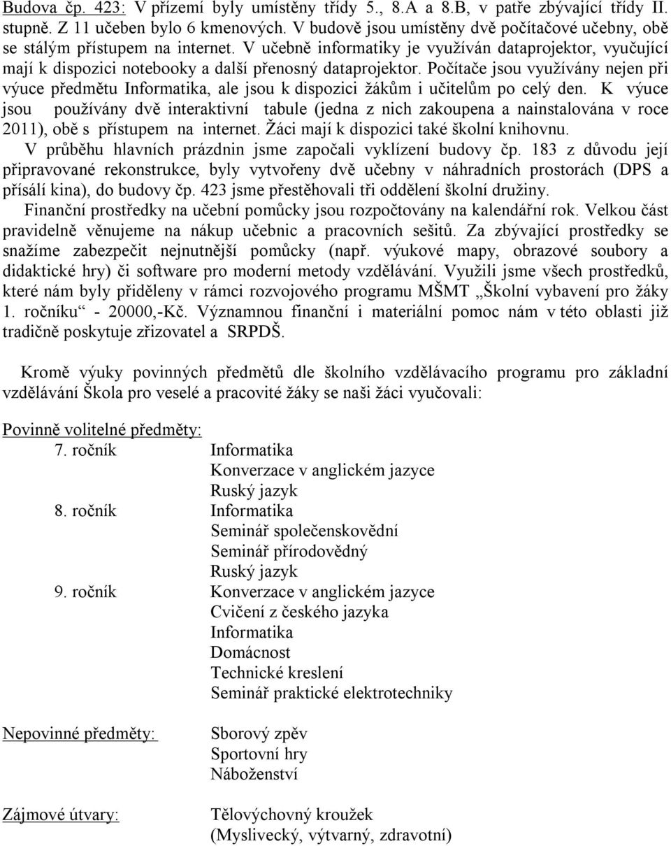 Počítače jsou využívány nejen při výuce předmětu Informatika, ale jsou k dispozici žákům i učitelům po celý den.