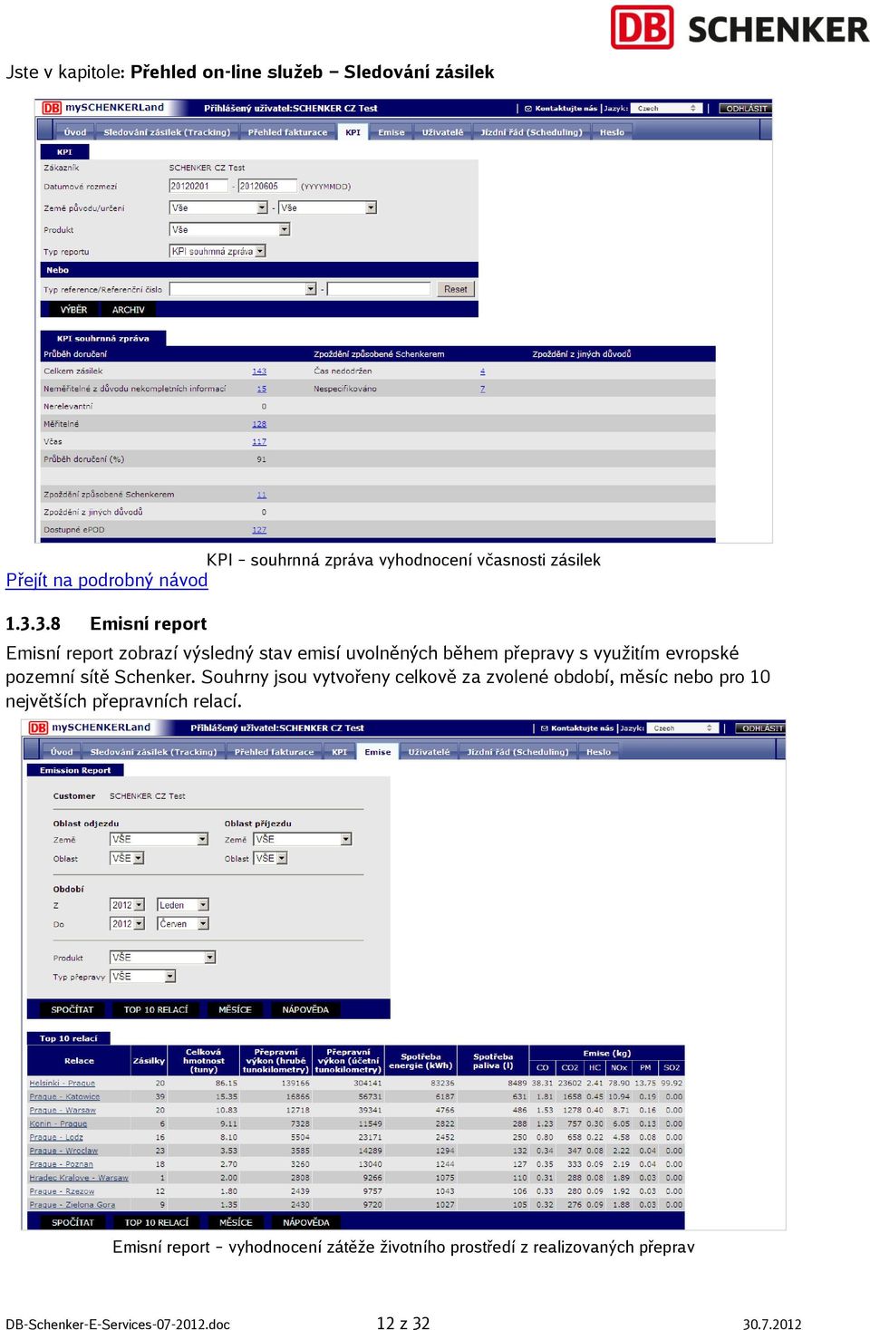 3.8 Emisní report Emisní report zobrazí výsledný stav emisí uvolněných během přepravy s využitím evropské pozemní sítě