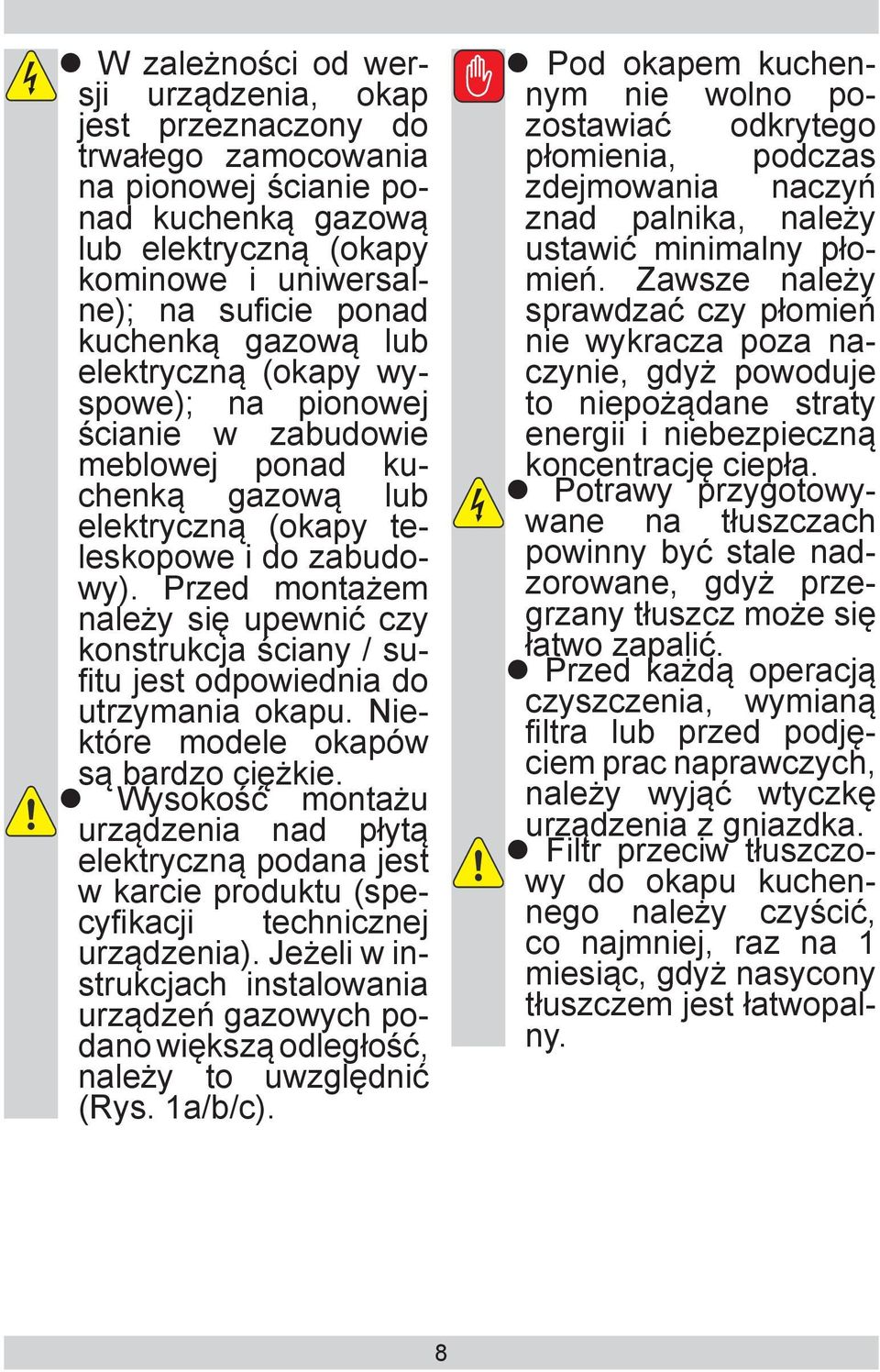 Przed montażem należy się upewnić czy konstrukcja ściany / sufitu jest odpowiednia do utrzymania okapu. Niektóre modele okapów są bardzo ciężkie.