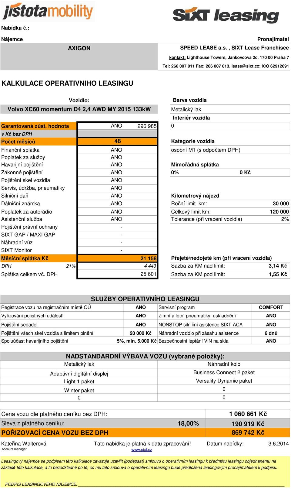 2,4 AWD MY 215 133kW 163 Servis, údržba, pneumatiky 3 375 Silniční daň 162 Dálniční známka 156 Roční limit km: 3 Poplatek za autorádio 45 Celkový limit km: 12 Asistenční služba 1 Tolerance (při