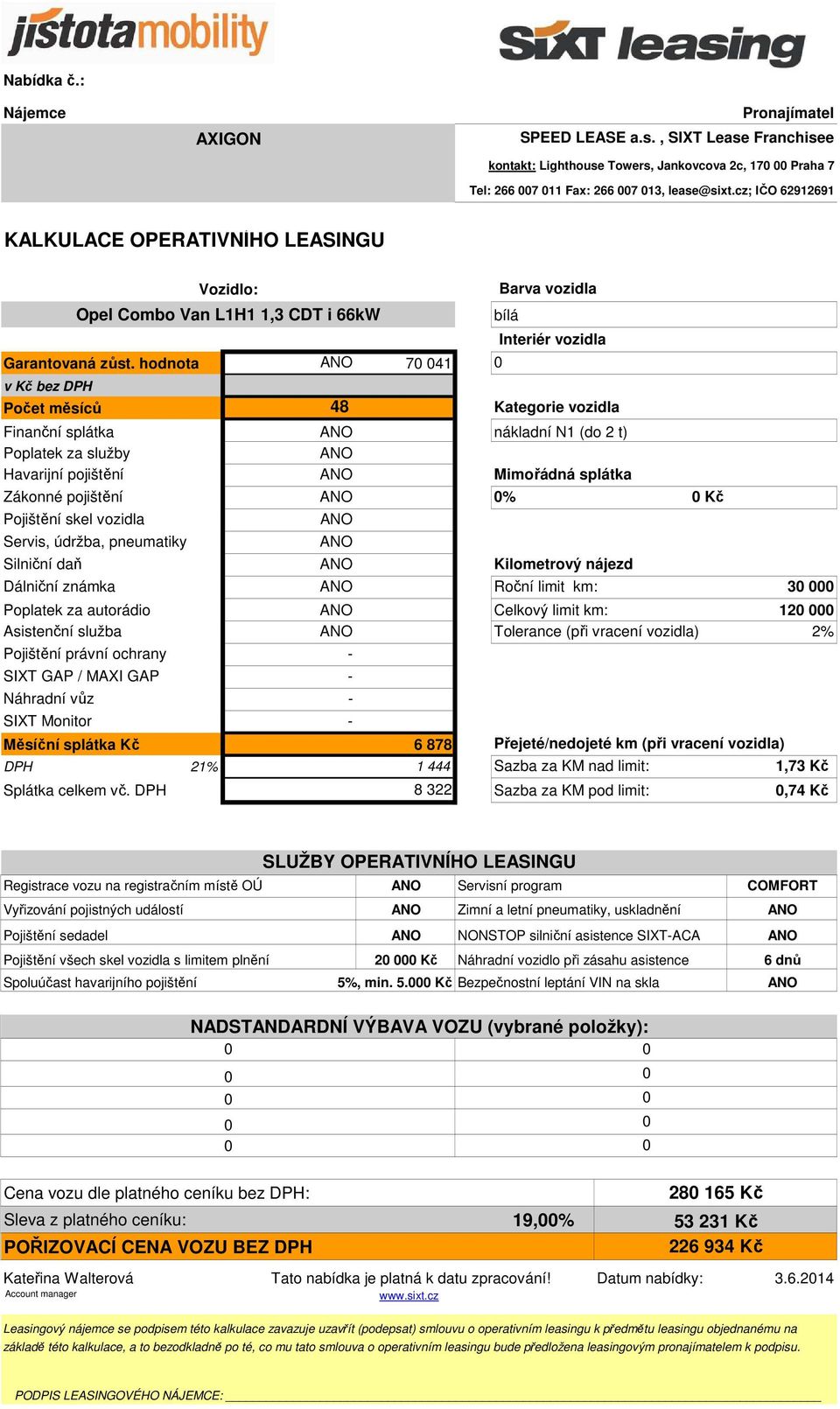 66kW 163 Servis, údržba, pneumatiky 1 525 Silniční daň 54 Dálniční známka 156 Roční limit km: 3 Poplatek za autorádio 45 Celkový limit km: 12 Asistenční služba 1 Tolerance (při vracení vozidla) 2%