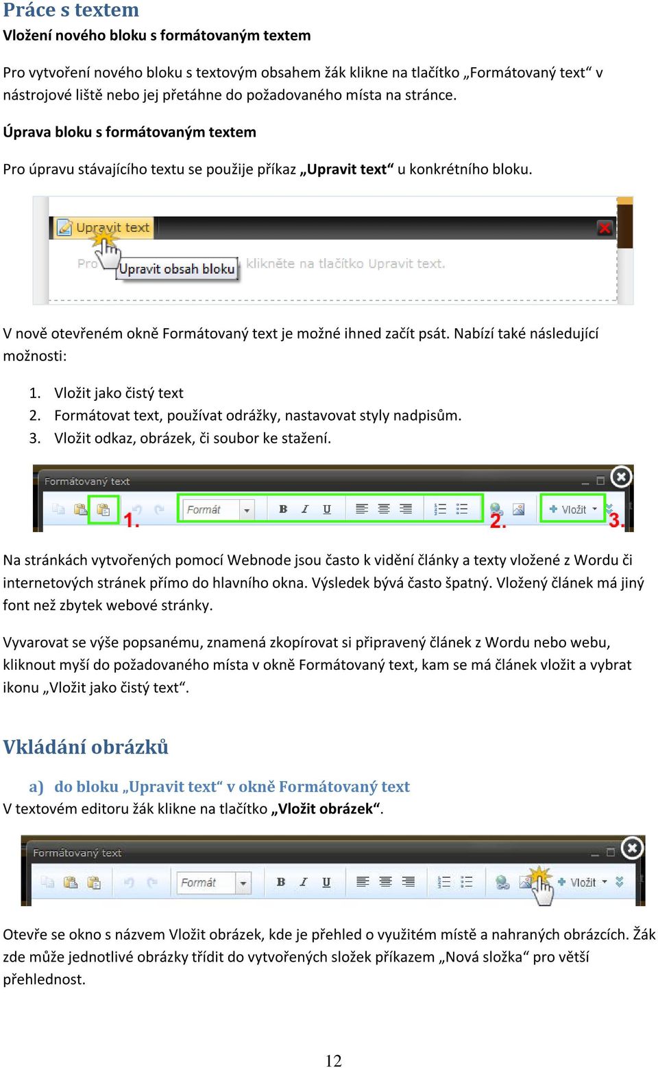 Nabízí také následující možnosti: 1. Vložit jako čistý text 2. Formátovat text, používat odrážky, nastavovat styly nadpisům. 3. Vložit odkaz, obrázek, či soubor ke stažení.