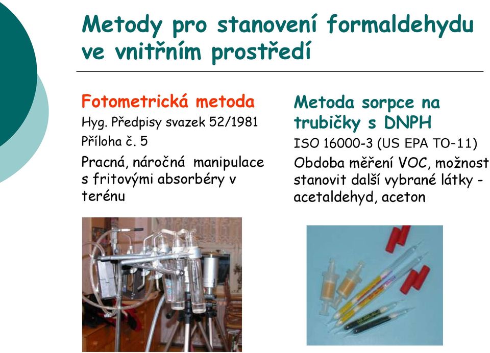 5 Pracná, náročná manipulace s fritovými absorbéry v terénu Metoda sorpce na