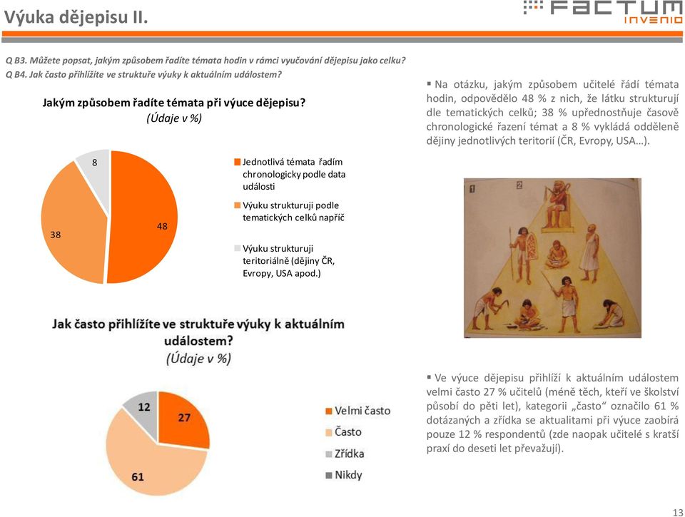 Na otázku, jakým způsobem učitelé řádí témata hodin, odpovědělo 48 % z nich, že látku strukturují dle tematických celků; 38 % upřednostňuje časově chronologické řazení témat a 8 % vykládá odděleně