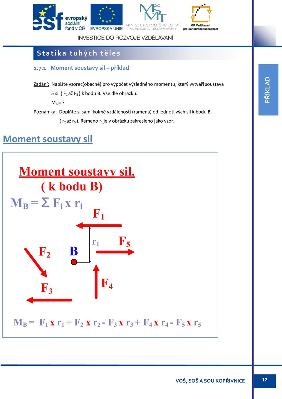 který vytváří soustava 5 sil ( F 1 až F 5 ) k bodu B. Vše dle obrázku. M B =?