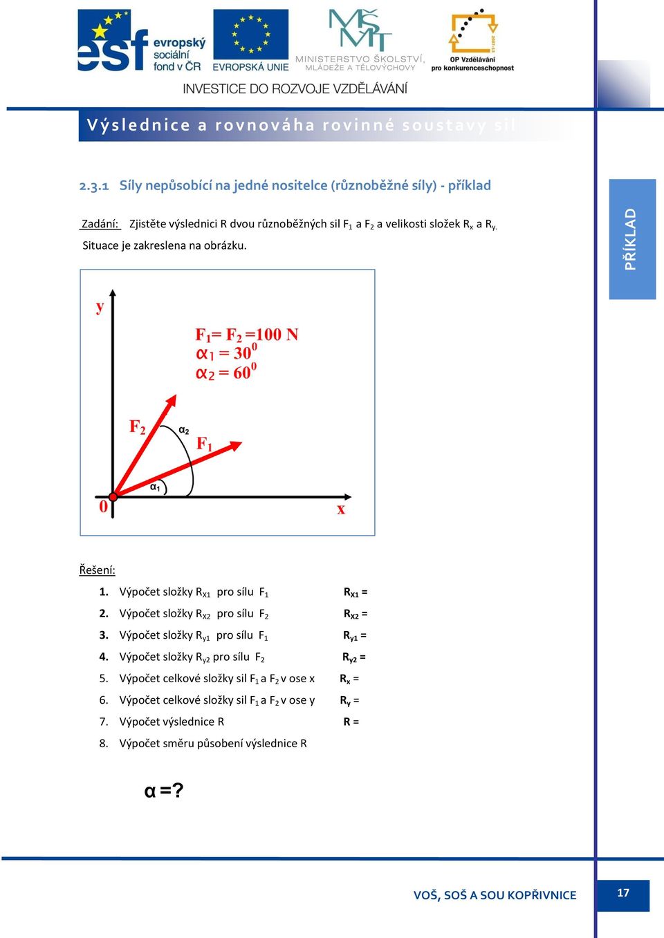 Situace je zakreslena na obrázku. Řešení: 1. Výpočet složky R X1 pro sílu F 1 R X1 = 2. Výpočet složky R X2 pro sílu F 2 R X2 = 3.