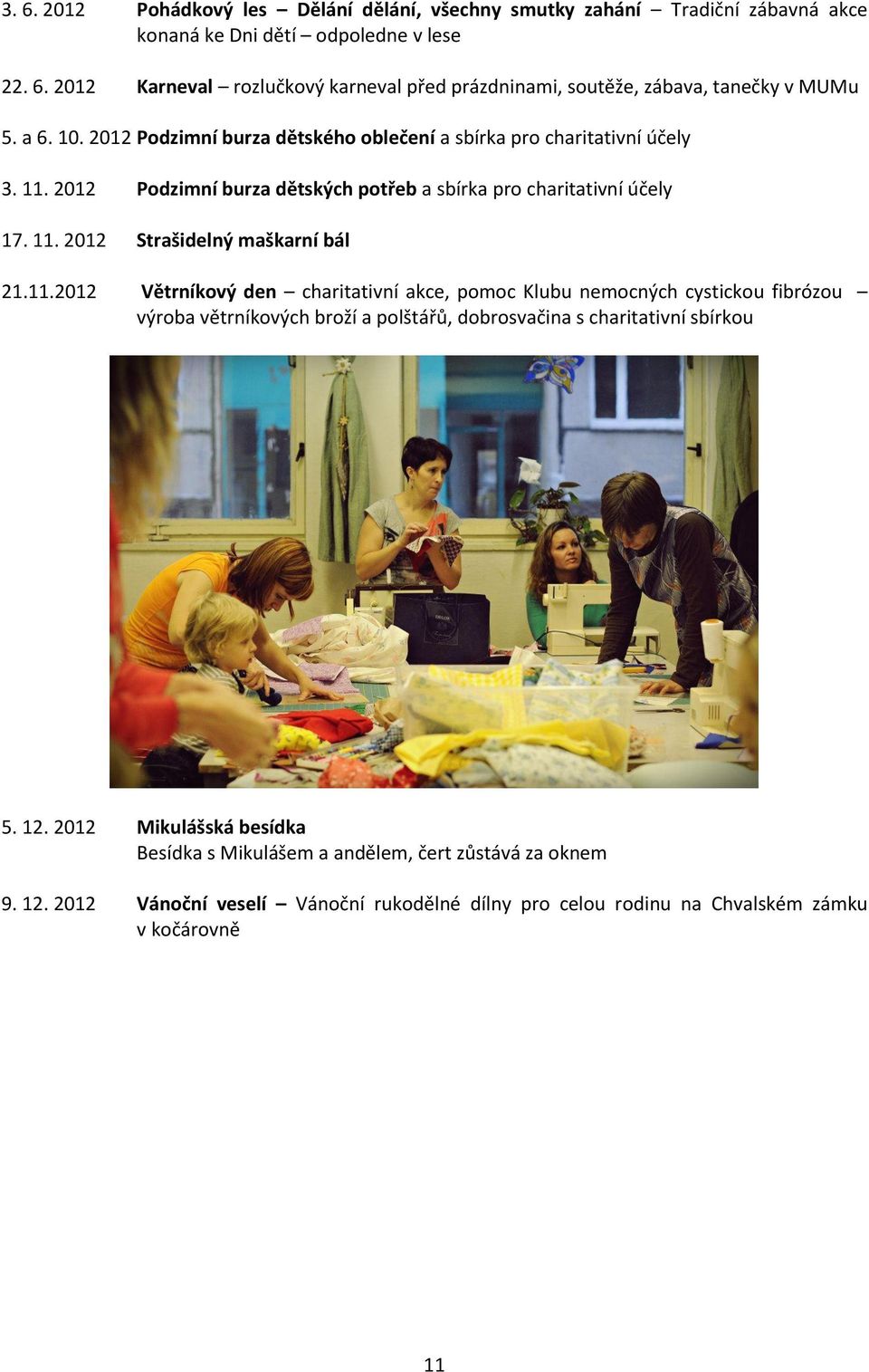 11.2012 Větrníkový den charitativní akce, pomoc Klubu nemocných cystickou fibrózou výroba větrníkových broží a polštářů, dobrosvačina s charitativní sbírkou 5. 12.