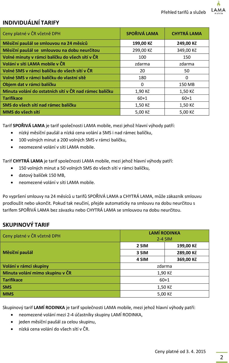 volání do ostatních sítí v ČR nad rámec balíčku 1,9 1,5 Tarifikace 60+1 60+1 SMS do všech sítí nad rámec balíčku 1,5 1,5 MMS do všech sítí 5,0 5,0 Tarif SPOŘIVÁ LAMA je tarif společnosti LAMA mobile,