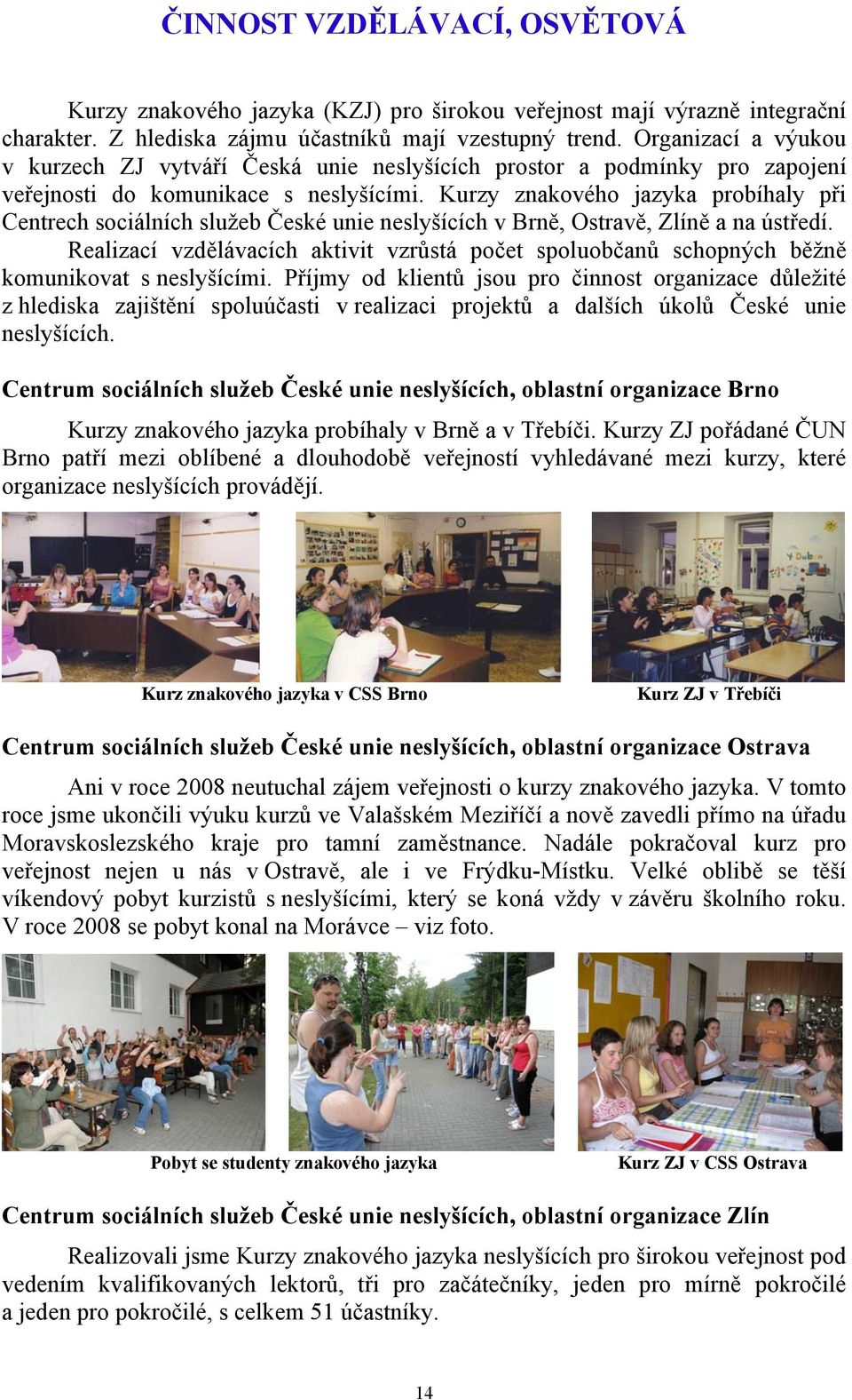Kurzy znakového jazyka probíhaly při Centrech sociálních služeb České unie neslyšících v Brně, Ostravě, Zlíně a na ústředí.