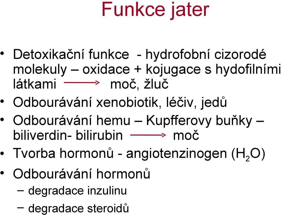 Odbourávání hemu Kupfferovy buňky biliverdin- bilirubin moč Tvorba hormonů -