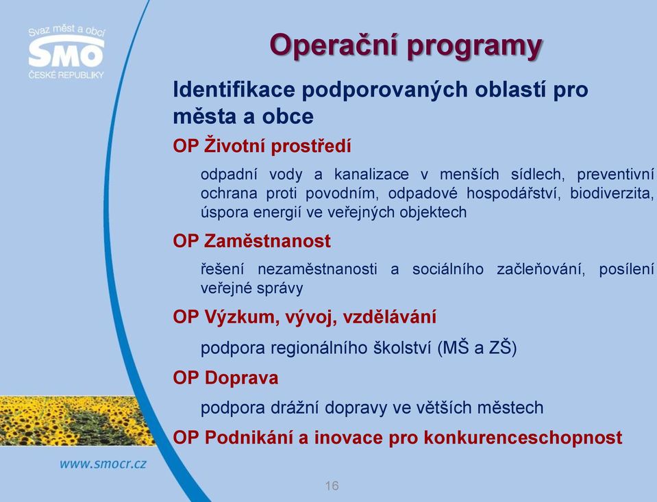 řešení nezaměstnanosti a sociálního začleňování, posílení veřejné správy OP Výzkum, vývoj, vzdělávání podpora regionálního