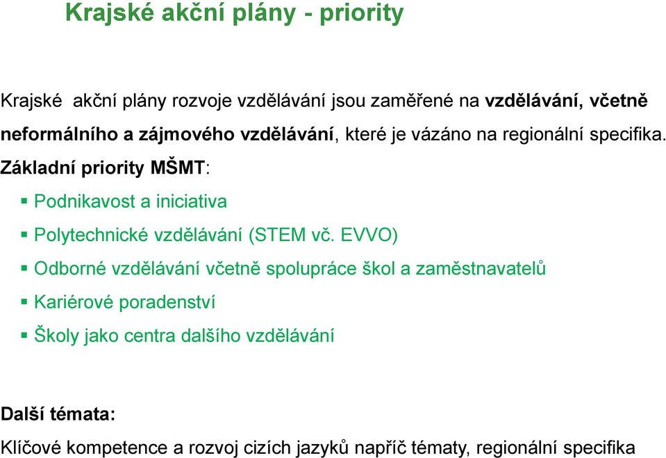 Základní priority MŠMT: Podnikavost a iniciativa Polytechnické vzdělávání (STEM vč.