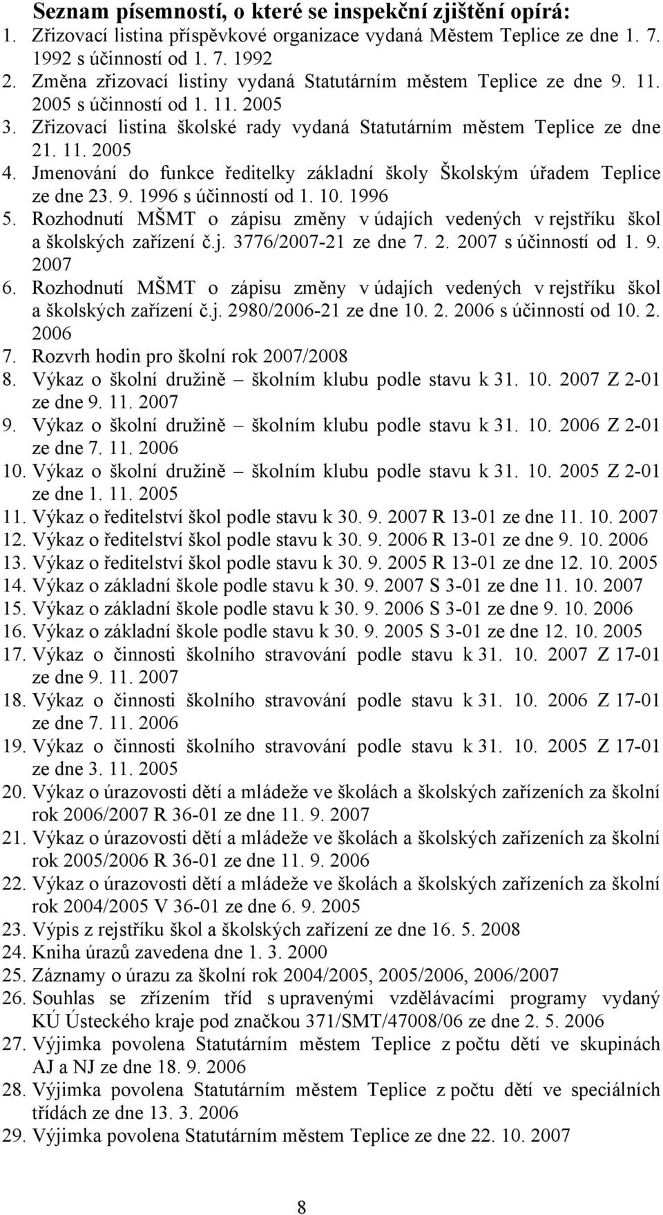 Jmenování do funkce ředitelky základní školy Školským úřadem Teplice ze dne 23. 9. 1996 s účinností od 1. 10. 1996 5.