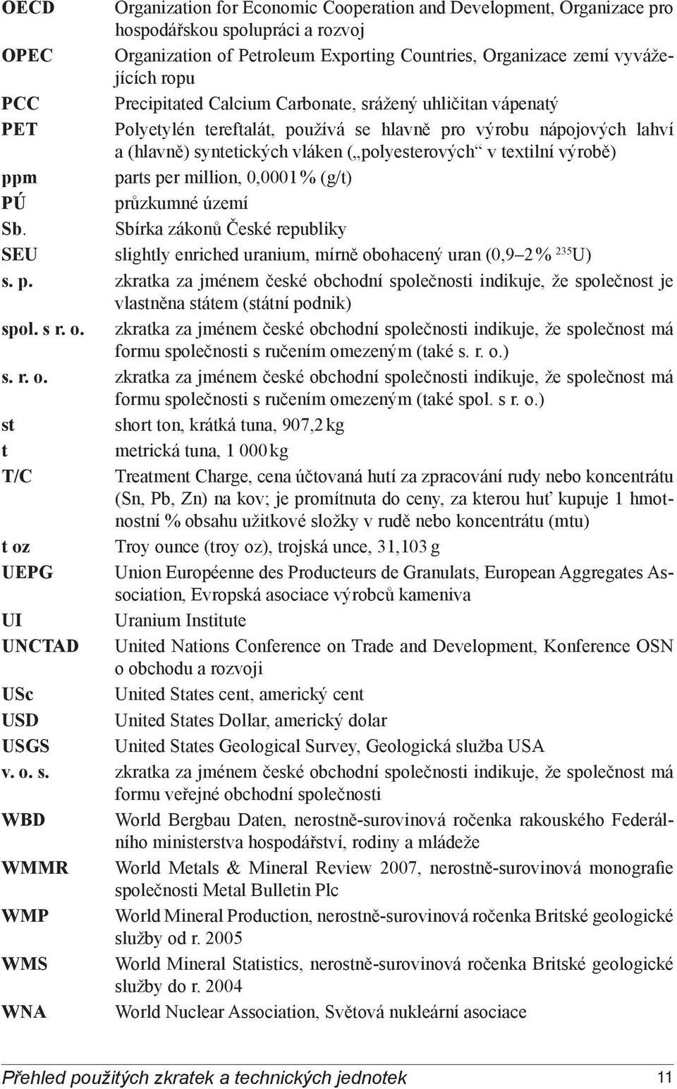 ppm parts per million, 0,0001 % (g/t) PÚ průzkumné území Sb. Sbírka zákonů České republiky SEU slightly enriched uranium, mírně obohacený uran (0,9 2% 235 U) s. p. zkratka za jménem české obchodní společnosti indikuje, že společnost je vlastněna státem (státní podnik) spol.