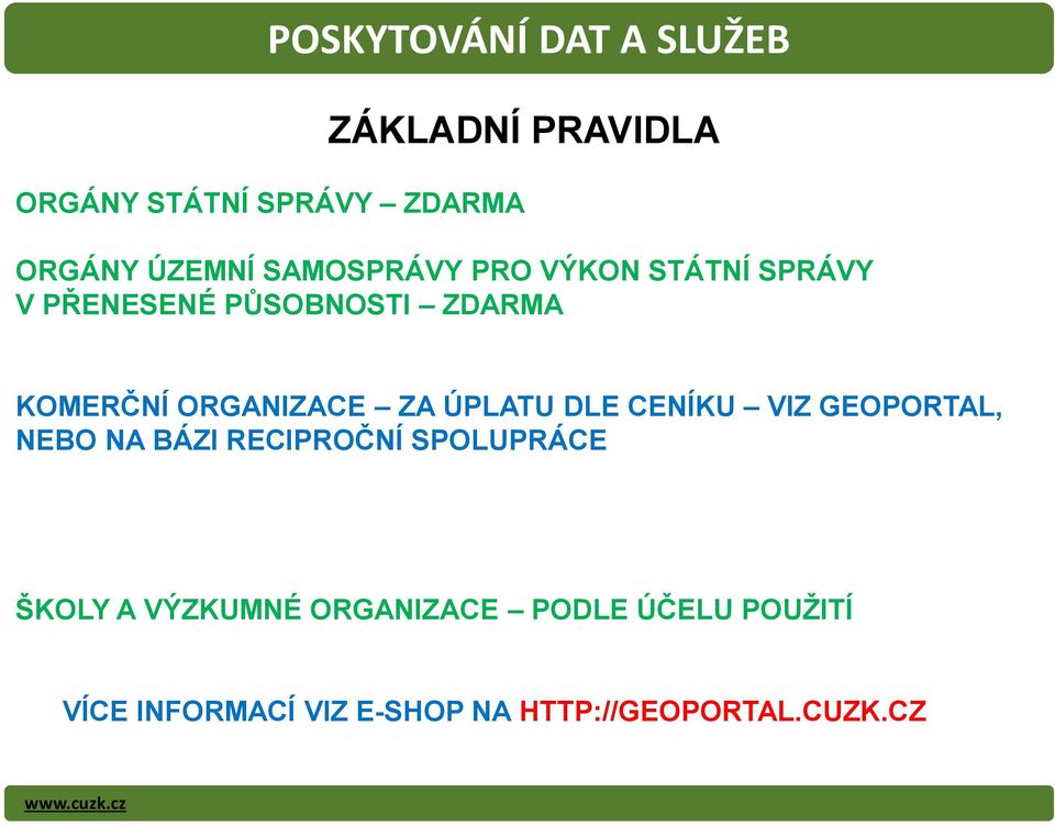 ÚPLATU DLE CENÍKU VIZ GEOPORTAL, NEBO NA BÁZI RECIPROČNÍ SPOLUPRÁCE ŠKOLY A VÝZKUMNÉ