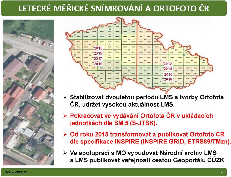 Od roku 2015 transformovat a publikovat Ortofoto ČR dle specifikace INSPIRE (INSPIRE GRID, ETRS89/TMzn).
