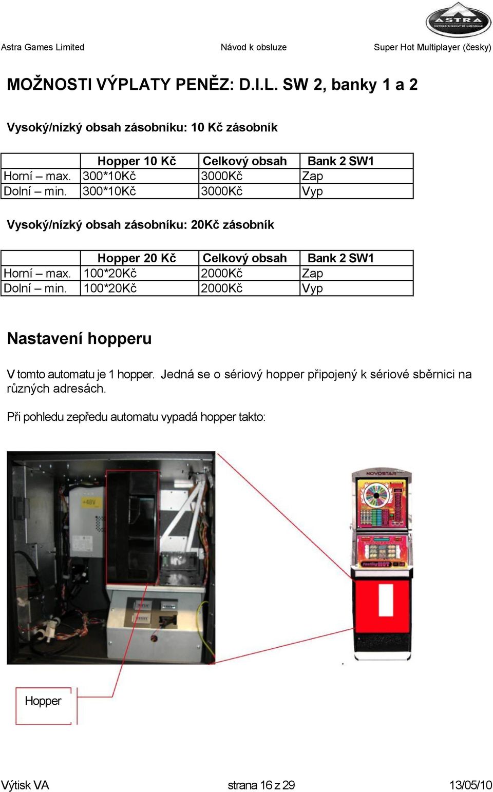300*10Kč 3000Kč Vyp Vysoký/nízký obsah zásobníku: 20Kč zásobník Hopper 20 Kč Celkový obsah Bank 2 SW1 Horní max.