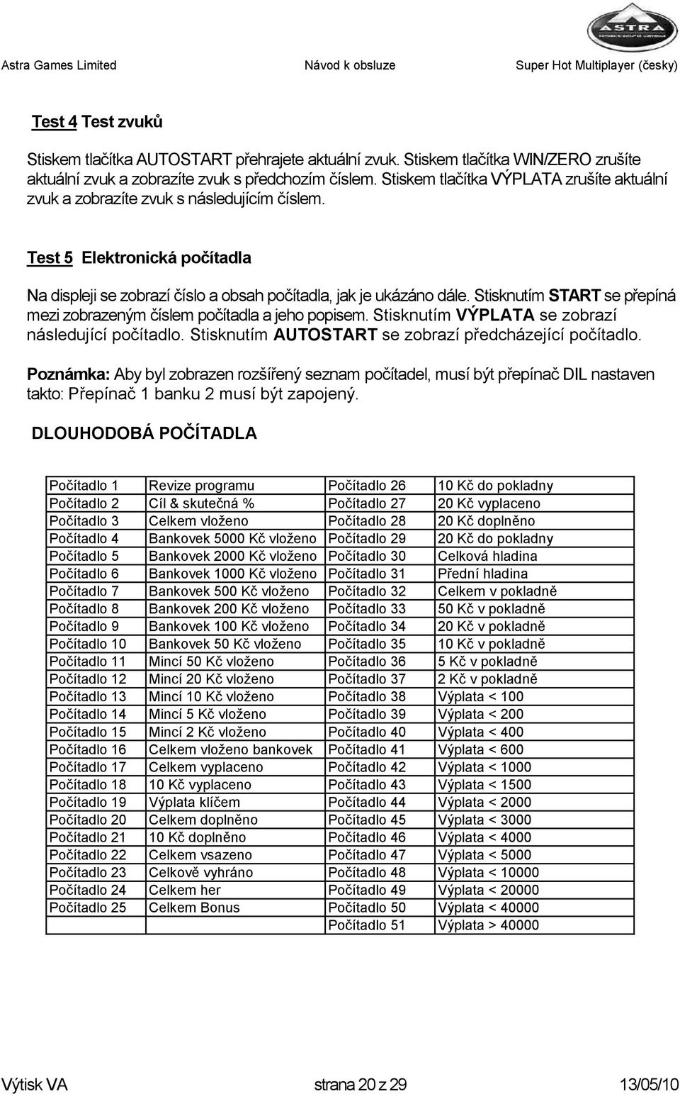 Stisknutím START se přepíná mezi zobrazeným číslem počítadla a jeho popisem. Stisknutím VÝPLATA se zobrazí následující počítadlo. Stisknutím AUTOSTART se zobrazí předcházející počítadlo.