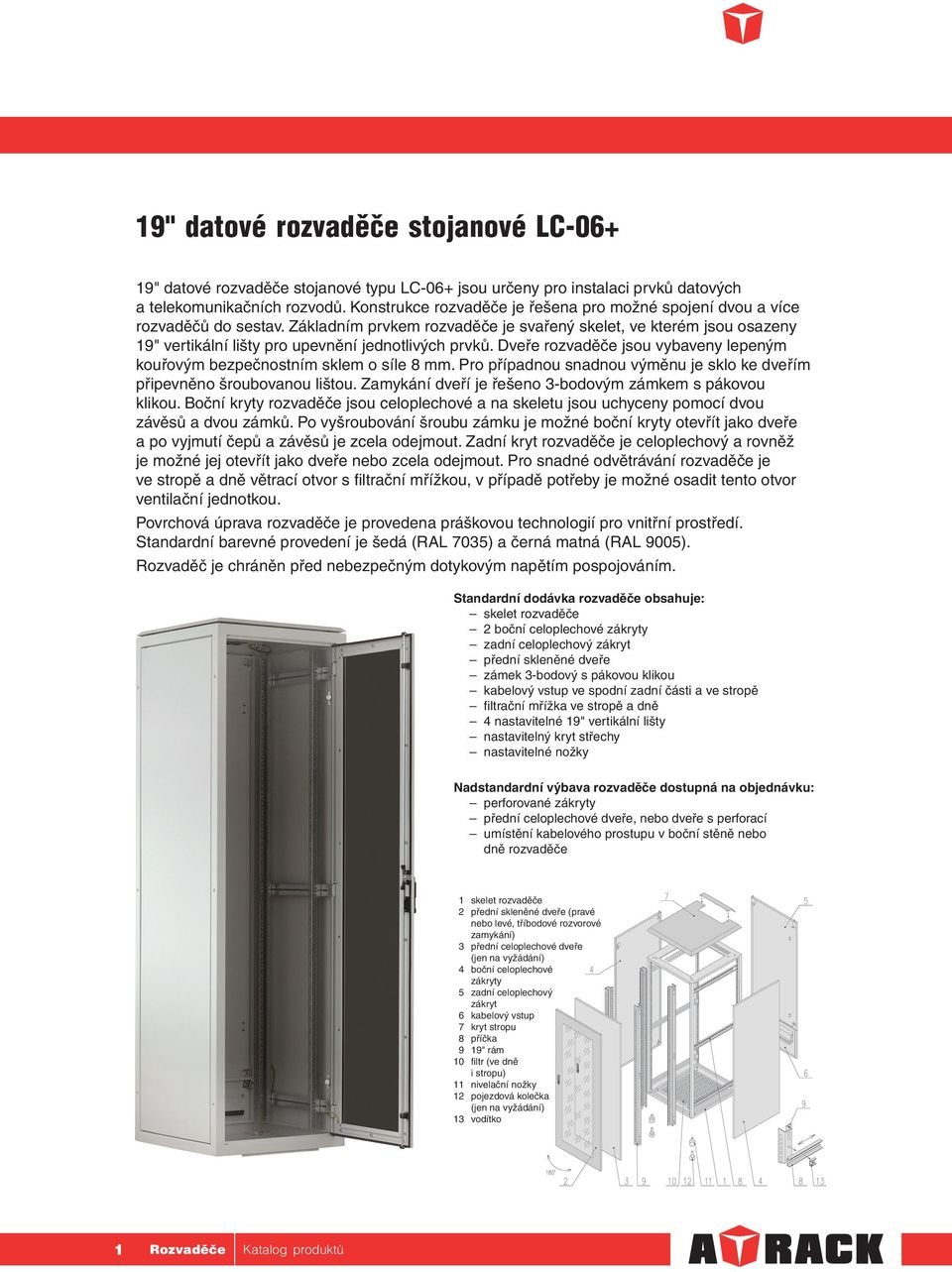 Základním prvkem rozvaděče je svařený skelet, ve kterém jsou osazeny 19" vertikální lišty pro upevnění jednotlivých prvků.