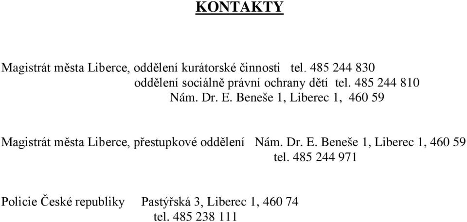 Beneše 1, Liberec 1, 460 59 Magistrát města Liberce, přestupkové oddělení Nám. Dr. E.