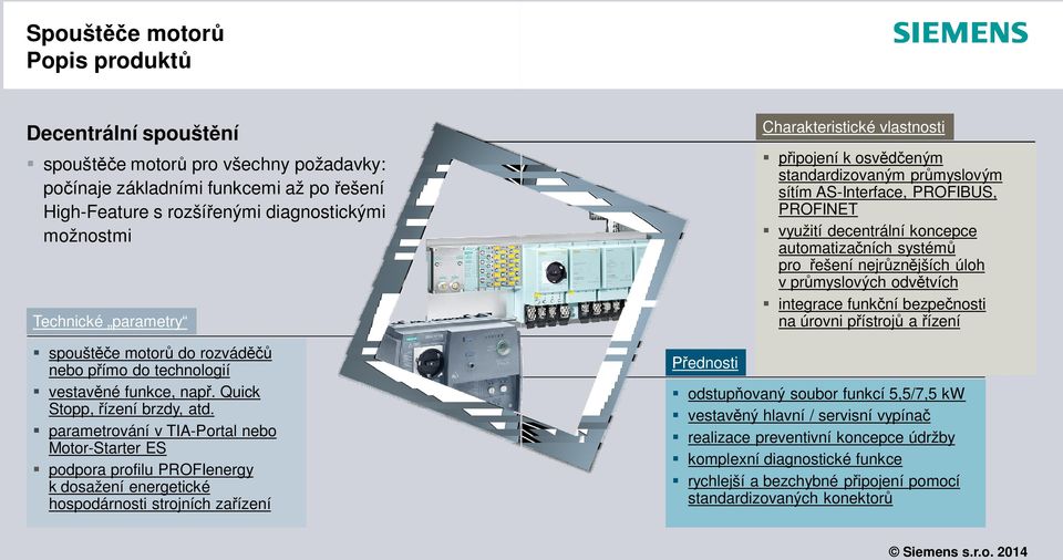 parametrování v TIA-Portal nebo Motor-Starter ES podpora profilu PROFIenergy k dosažení energetické hospodárnosti strojních zařízení Přednosti Charakteristické vlastnosti připojení k osvědčeným