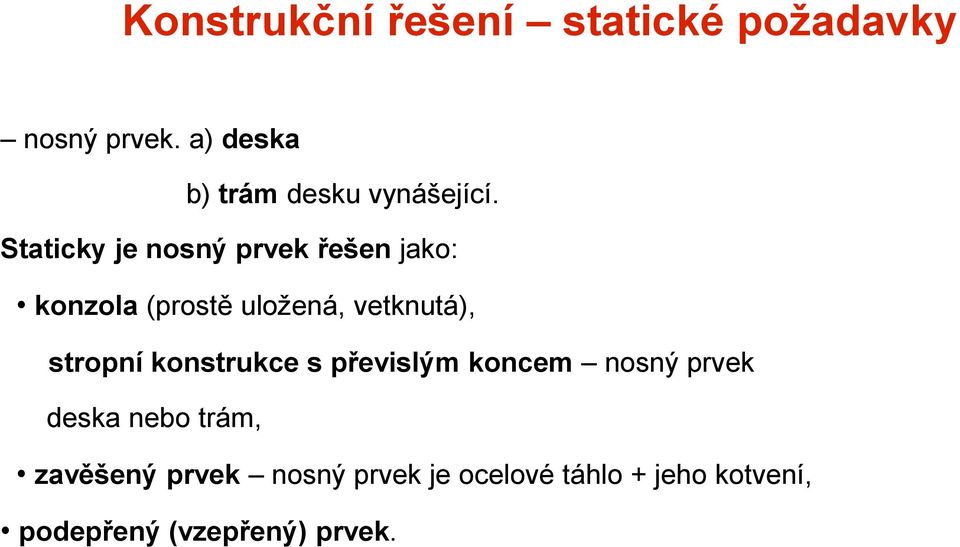 Staticky je nosný prvek řešen jako: konzola (prostě uložená, vetknutá),