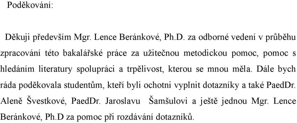 za odborné vedení v průběhu zpracování této bakalářské práce za užitečnou metodickou pomoc, pomoc s