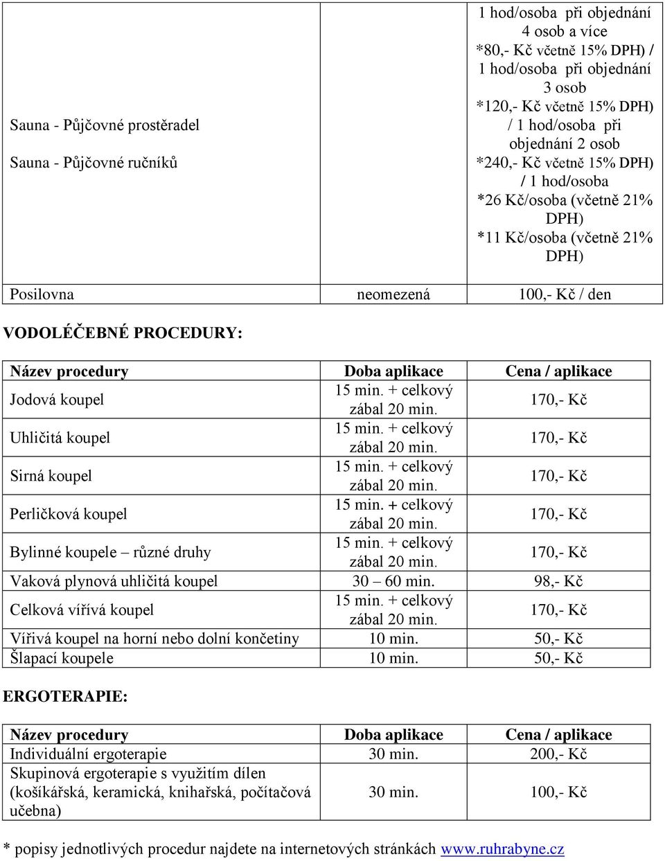 aplikace Cena / aplikace Jodová koupel 15 min. + celkový zábal 20 min. Uhličitá koupel 15 min. + celkový zábal 20 min. Sirná koupel 15 min. + celkový zábal 20 min. Perličková koupel 15 min.