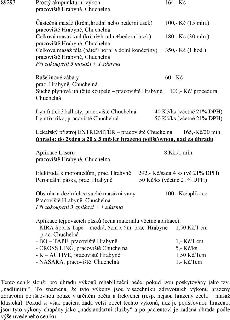 Hrabyně, Chuchelná Suché plynové uhličité koupele pracoviště Hrabyně, 100,- Kč/ procedura Chuchelná Lymfatické kalhoty, pracoviště Chuchelná Lymfo triko, pracoviště Chuchelná 40 Kč/ks (včetně 21%