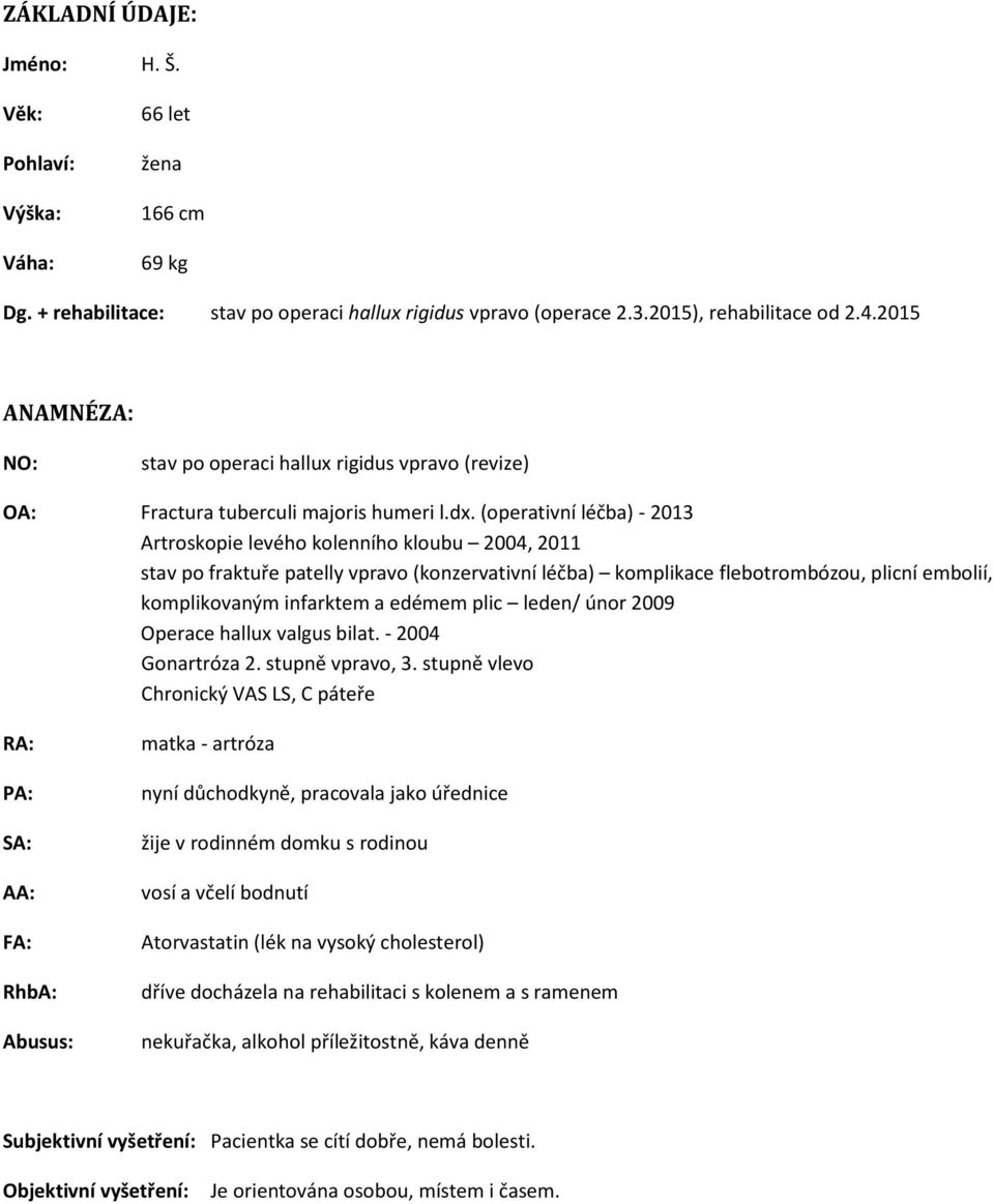 (operativní léčba) - 2013 Artroskopie levého kolenního kloubu 2004, 2011 stav po fraktuře patelly vpravo (konzervativní léčba) komplikace flebotrombózou, plicní embolií, komplikovaným infarktem a