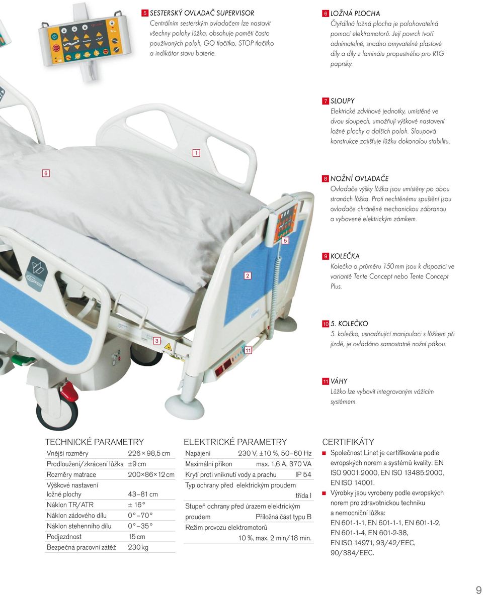 7 SLOUPY Elektrické zdvihové jednotky, umístěné ve dvou sloupech, umožňují výškové nastavení ložné plochy a dalších poloh. Sloupová konstrukce zajišťuje lůžku dokonalou stabilitu.