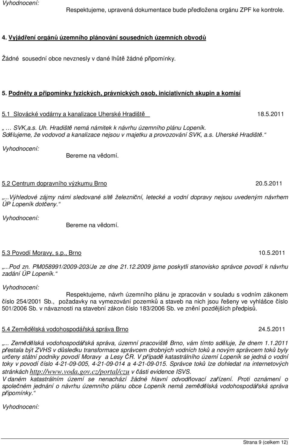 Podněty a připomínky fyzických, právnických osob, iniciativních skupin a komisí 5.1 Slovácké vodárny a kanalizace Uherské Hradiště 18.5.2011 SVK,a.s. Uh. Hradiště nemá námitek k návrhu územního plánu Lopeník.