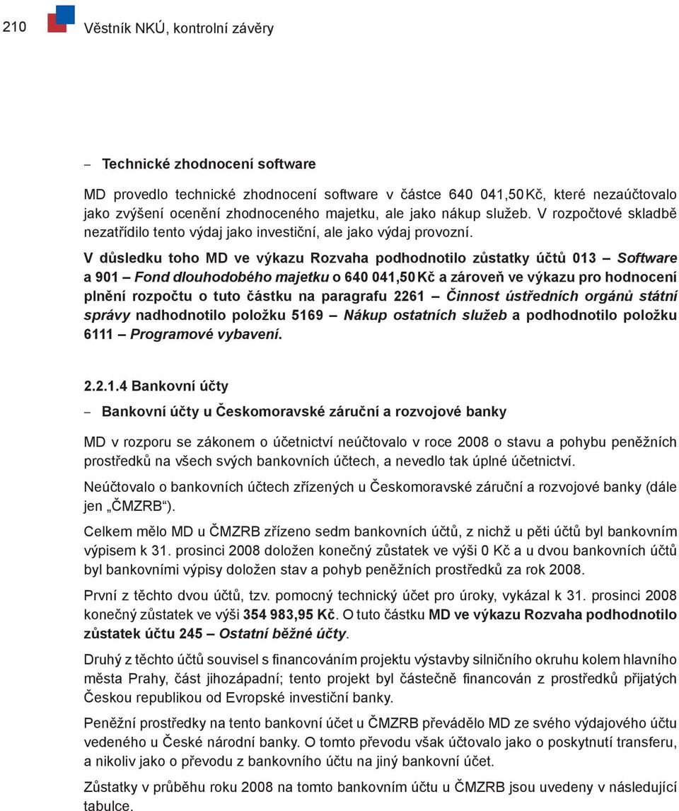 V důsledku toho MD ve výkazu Rozvaha podhodnotilo zůstatky účtů 013 Software a 901 Fond dlouhodobého majetku o 640 041,50 Kč a zároveň ve výkazu pro hodnocení plnění rozpočtu o tuto částku na