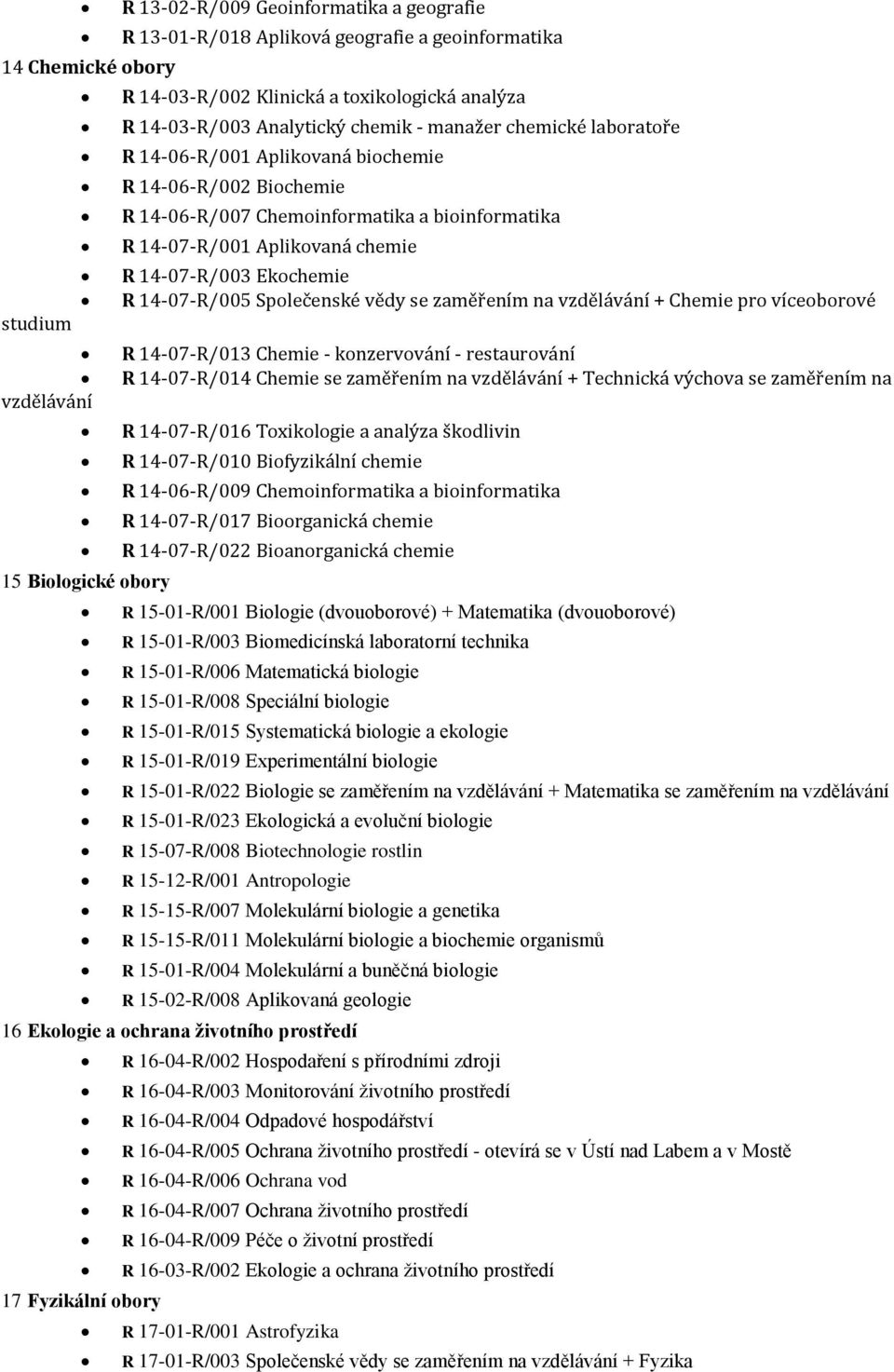 Společenské vědy se zaměřením na vzdělávání + Chemie pro víceoborové studium R 14-07-R/013 Chemie - konzervování - restaurování R 14-07-R/014 Chemie se zaměřením na vzdělávání + Technická výchova se