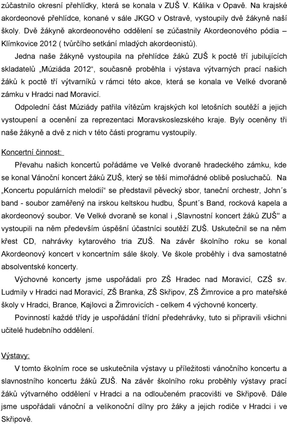 Jedna naše žákyně vystoupila na přehlídce žáků ZUŠ k poctě tří jubilujících skladatelů Múziáda 2012, současně proběhla i výstava výtvarných prací našich žáků k poctě tří výtvarníků v rámci této akce,