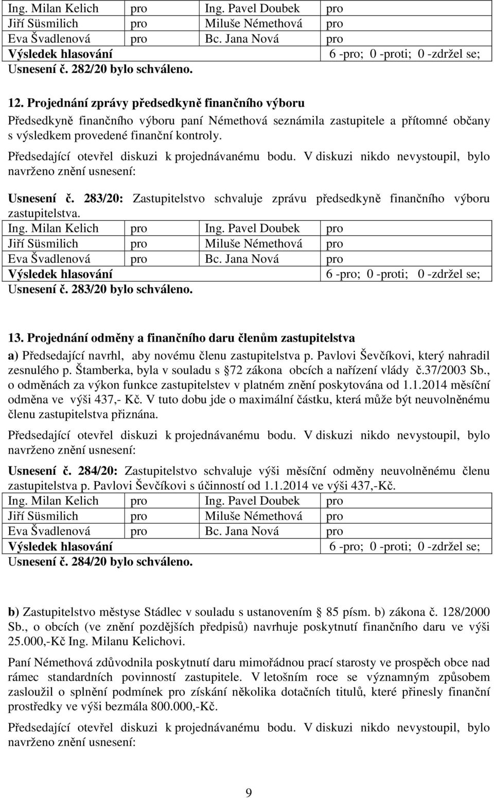 283/20: Zastupitelstvo schvaluje zprávu předsedkyně finančního výboru zastupitelstva. Usnesení č. 283/20 bylo schváleno. 13.